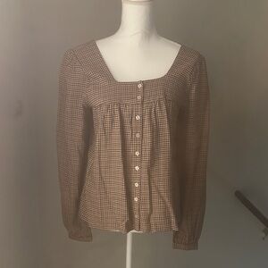 Checked Button-Front Peasant Blouse - Brown Check